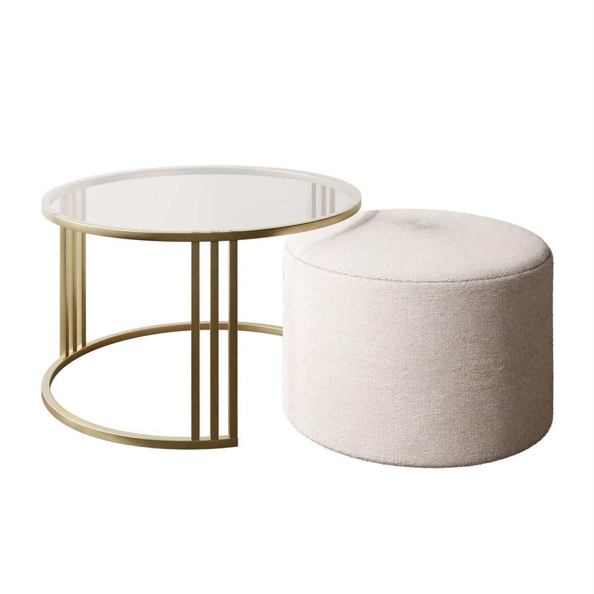 COUCHTISCH mit Hocker LORI GLASS gebürstetes Gold/transparentes Glas/Perfect Harmony 01 - Transparent, Metall (70/70/49cm) - Lookway