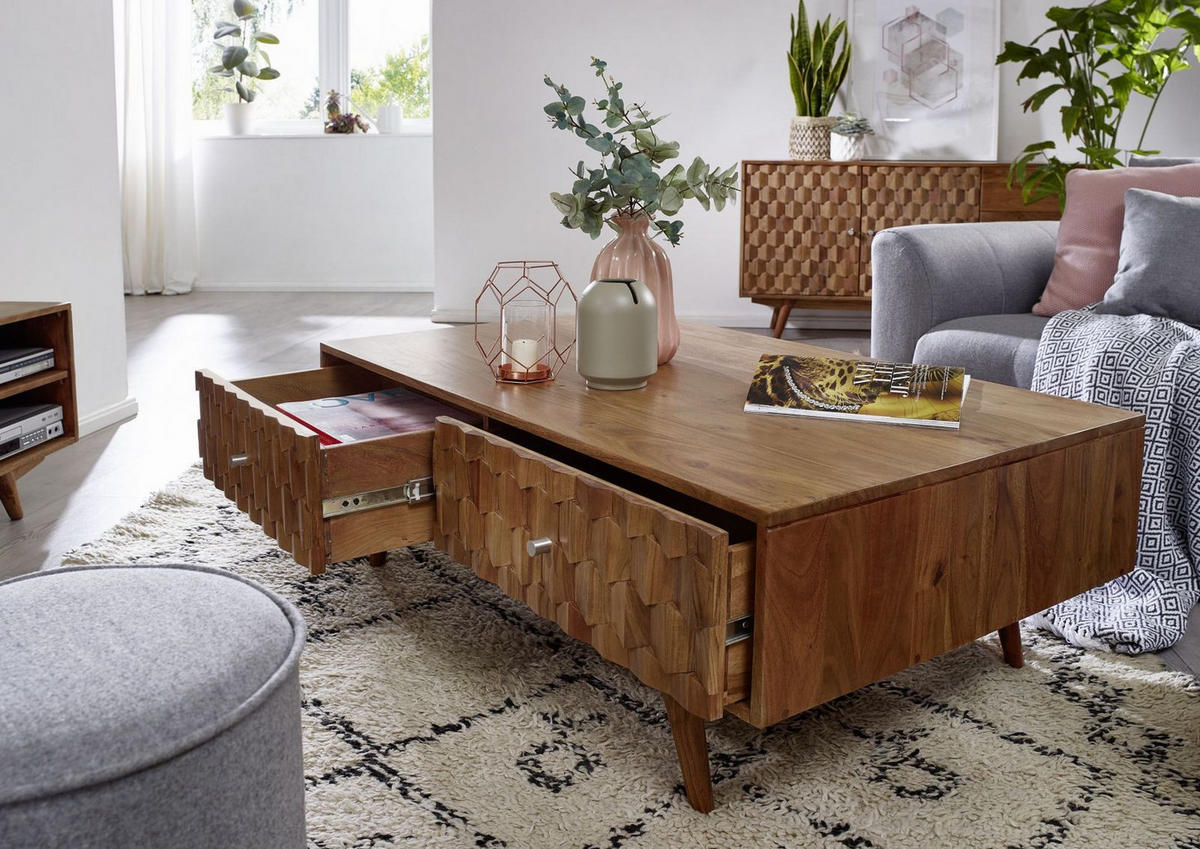 COUCHTISCH Akazie 120x70x40 natur lackiert MOSAYK #103 - Naturfarben, Holz (120/70/40cm) - Massivmoebel24