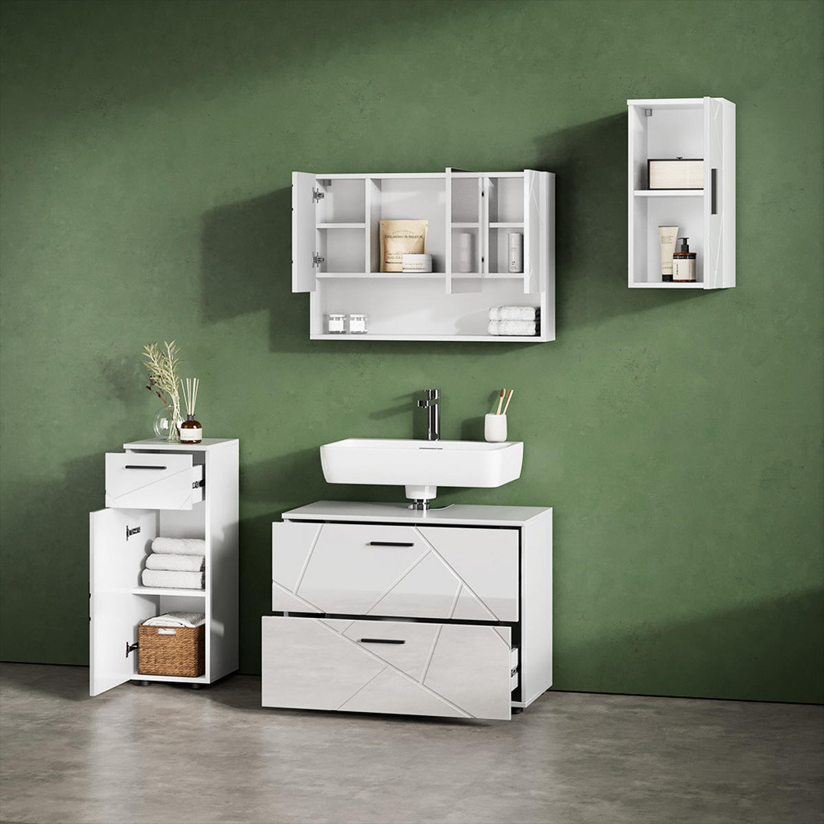 BADMÖBEL-SET Ronco Weiß Hochglanz 4 Teile - Weiß Hochglanz/Weiß, Holzwerkstoff (41/80/58cm) - Livinity®