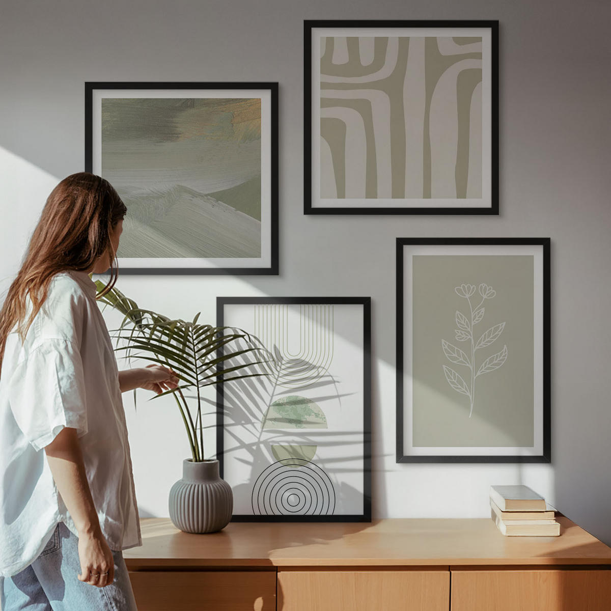 BILDER SET 4er Set - 50x50 cm & 40x60 cm Schwarzer Rahmen - Geometrische Pflanzenmuster - Schwarz, Kunststoff (50/50cm) - TULUP