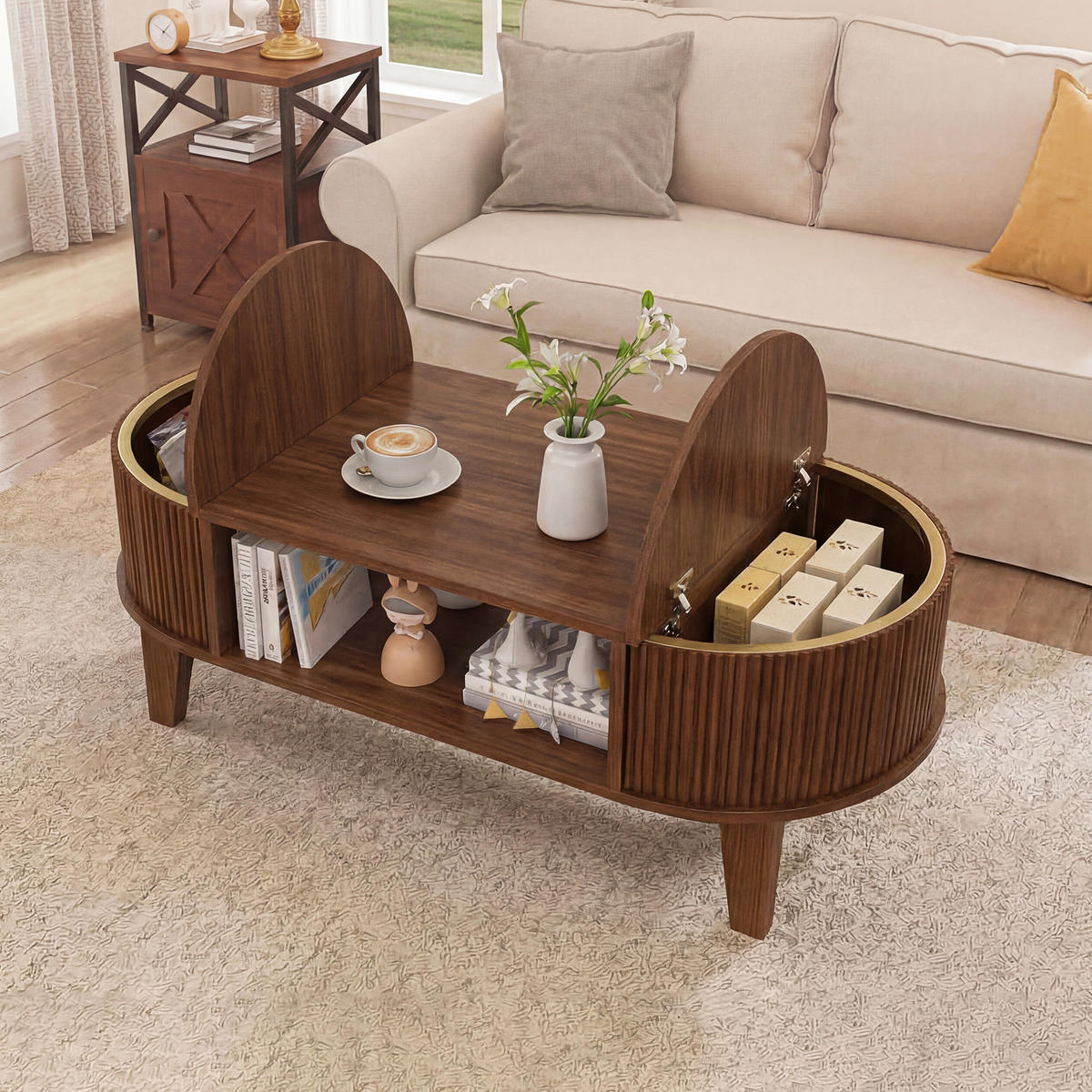 COUCHTISCH Nussbaum-Optik mit Klappdeckeln & Stauraum - Walnussfarben, Holz (100/50/50.4cm) - SHOPENTRA