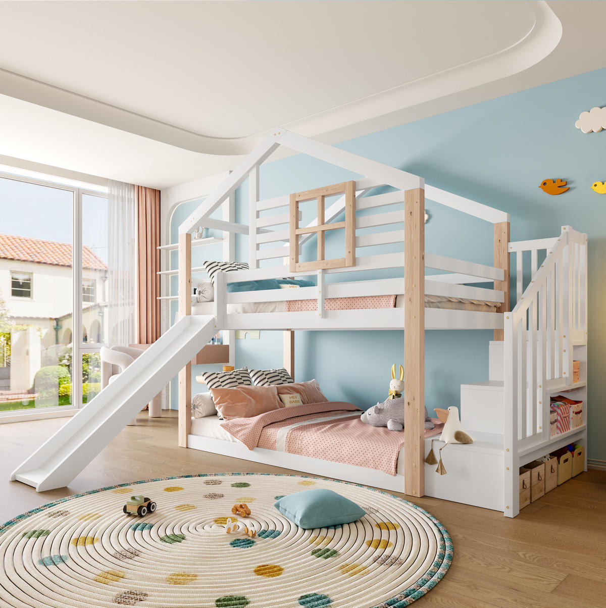 HAUSBETT 90/200 cm Weiß aus Holz mit Rutsche und Treppe mit Stauraum - Weiß, Holz (90/200cm) - Flora Grace