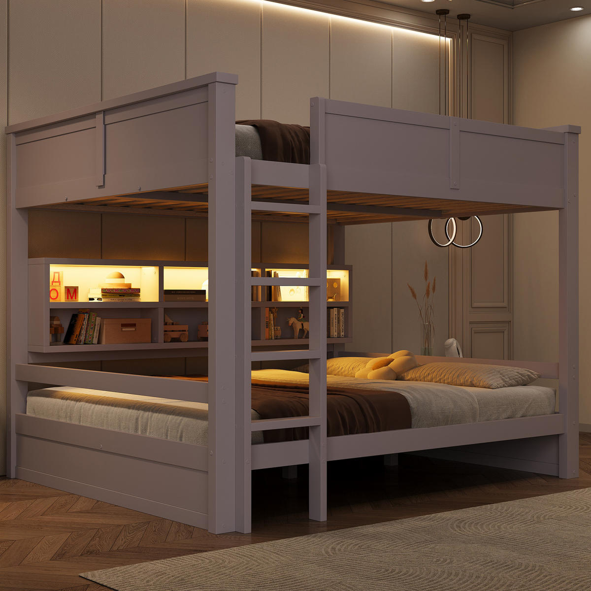 ETAGENBETT 160/200 cm aus Kiefernholz und MDF mit LED-Licht, Braun - Braun, Holzwerkstoff (160/200cm) - OKMYHOME