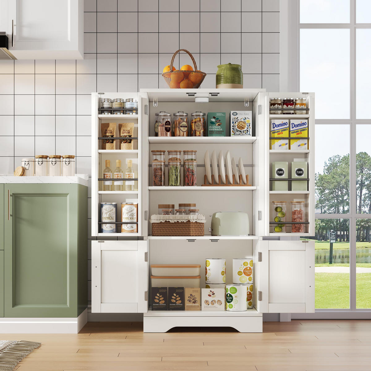 BUFFET Moderner LED Hochschrank 3D-Wellenfront, Sensorlicht, Böden Anti-Kipp 120/60/40 cm - Weiß, Holzwerkstoff (120/40/60cm) - EVRYAE