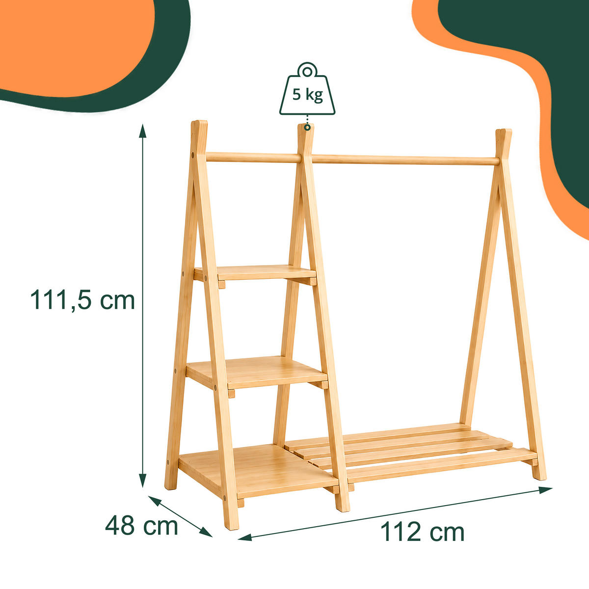 KINDERKLEIDERSTÄNDER Natur Kiefernholz mit Regal 111,5 cm - Hellbraun, Holz (112/111.5/48cm) - Relaxdays