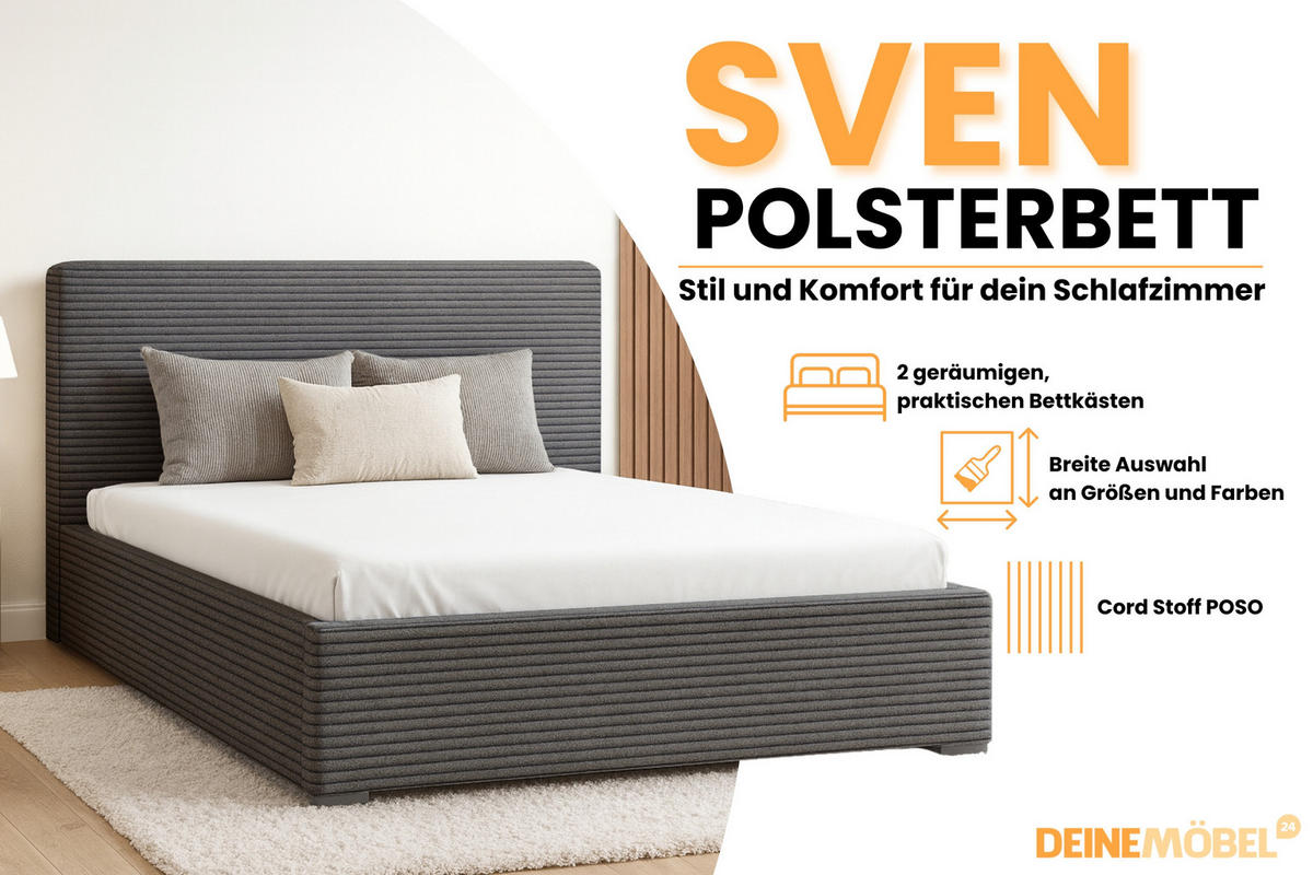 POLSTERBETT SVEN 160/200 in Cord Anthrazit - Anthrazit, Holz/Holzwerkstoff (160/200cm) - Deine Möbel 24