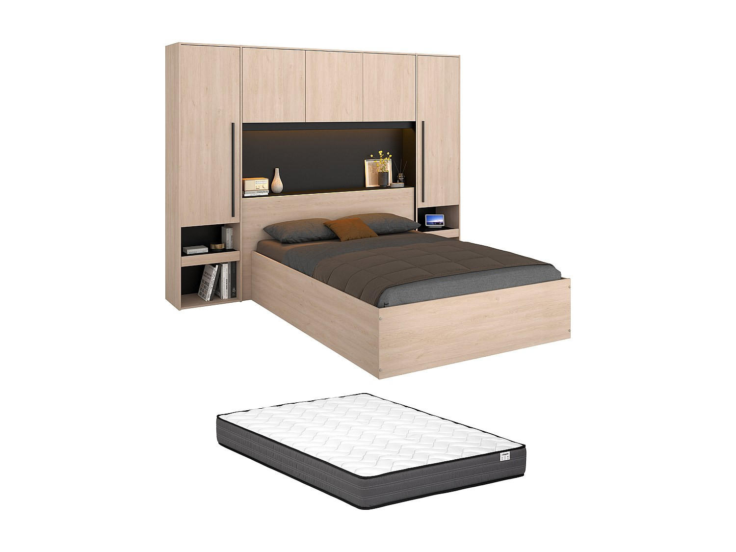 BETT mit Bettkasten - 2 Personen - Holz, Platte - Schwarz, Naturfarben Hell - Schwarz/Naturfarben, Holz (140/190cm) - Vente-Unique