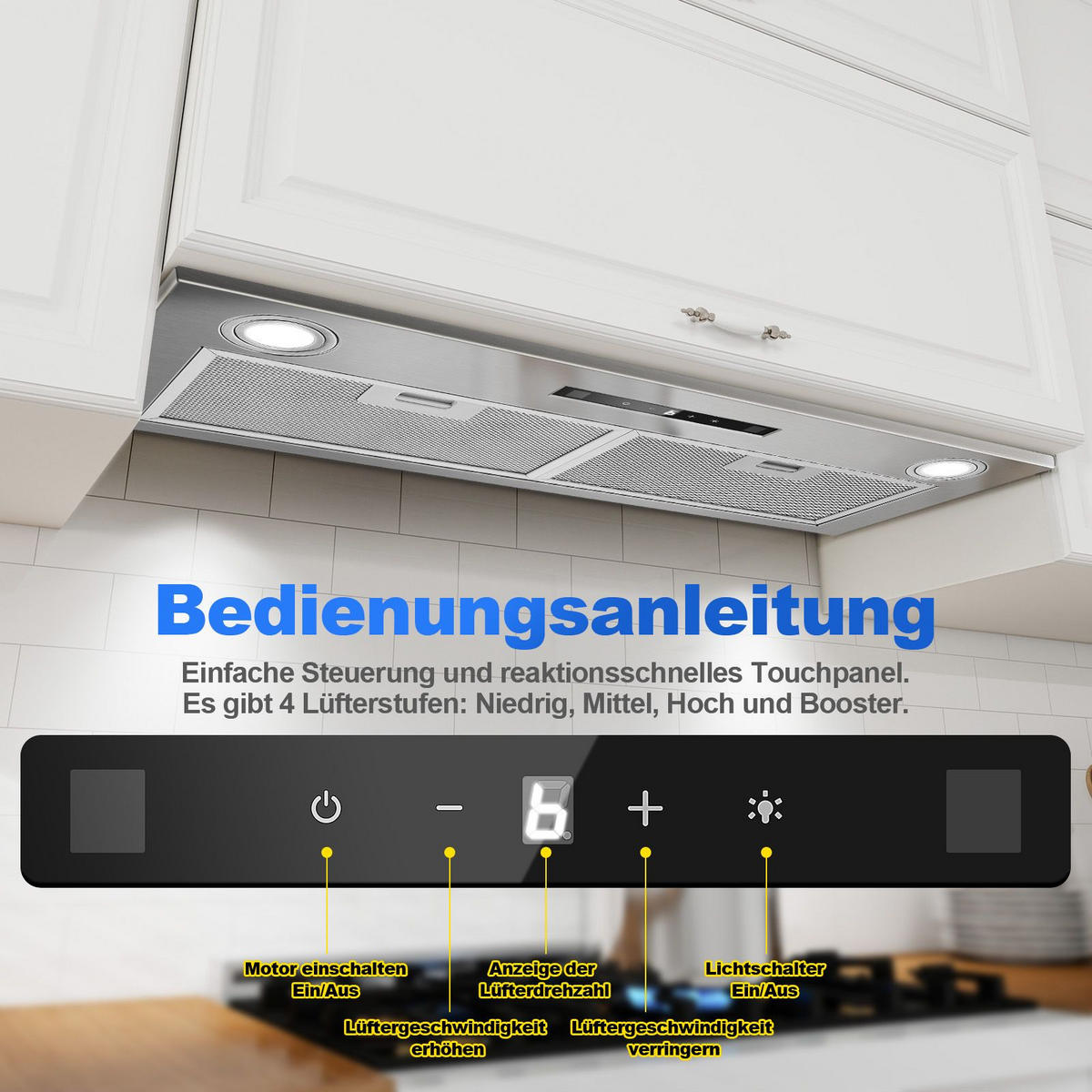 DUNSTABZUGSHAUBE mit Touch-Bedienung, Aktivkohlefilter, Filter - Silberfarben, Metall (37/41.12/84.7cm) - Korfee