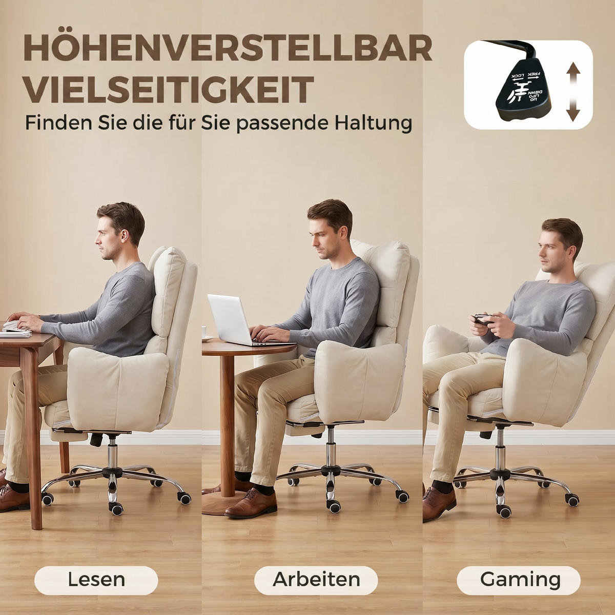 BÜROSTUHL Schwamm Stahl Cremeweiß - Creme, Textil/Metall (73/119/73cm) - HOMCOM