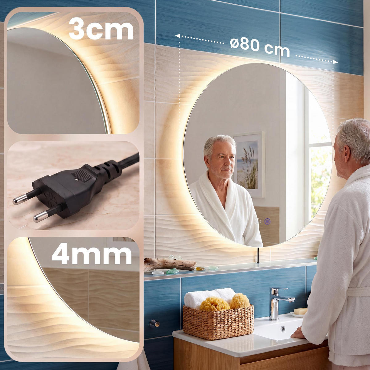 BADSPIEGEL Genf 80 cm 60x3x60cm Glas Klarglas Badezimmerspiegel - Klar, Glas (60/60/3cm) - DELUKE