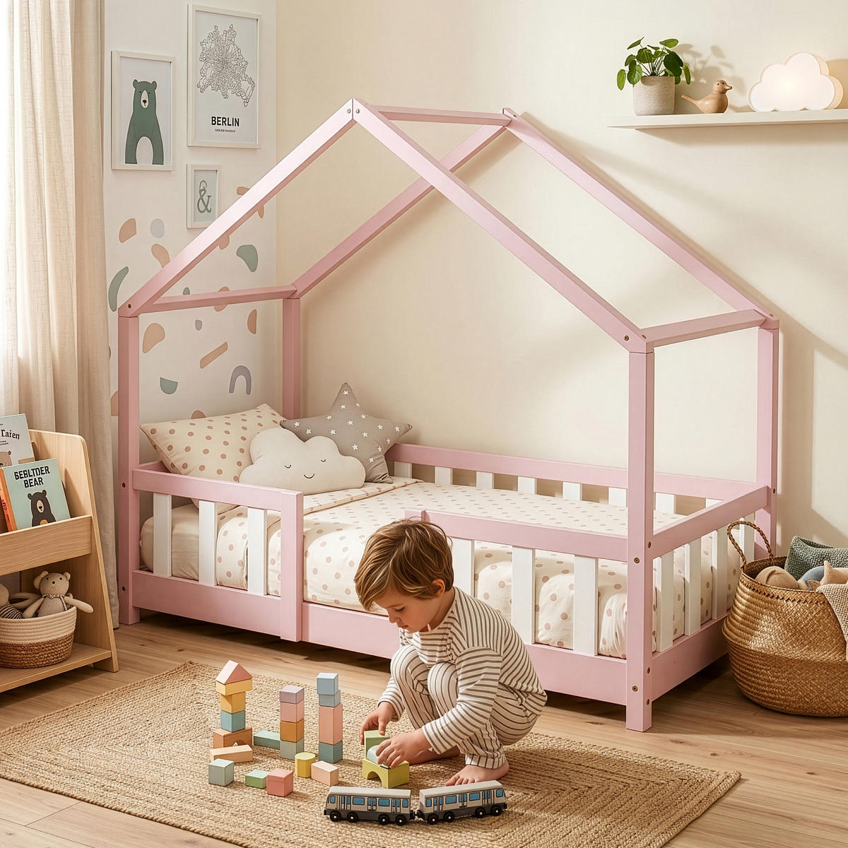 HAUSBETT Treviolo - Pink/Weiß, Holz (70/140cm) - [en.casa]