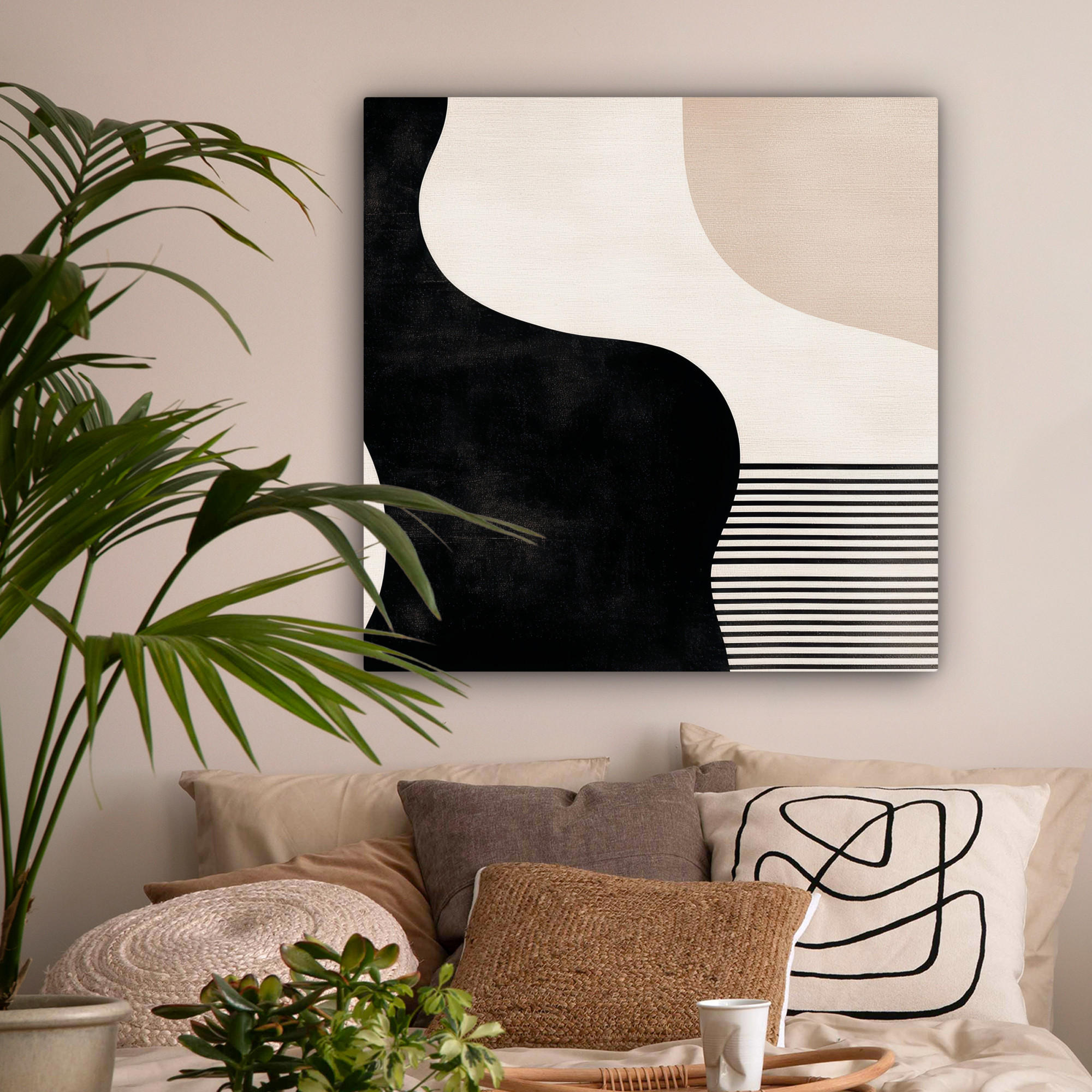 LEINWANDBILD Abstrakt - Japandi - Beige - Modern 90x90 cm - Schwarz, Textil (90/90cm) - MuchoWow