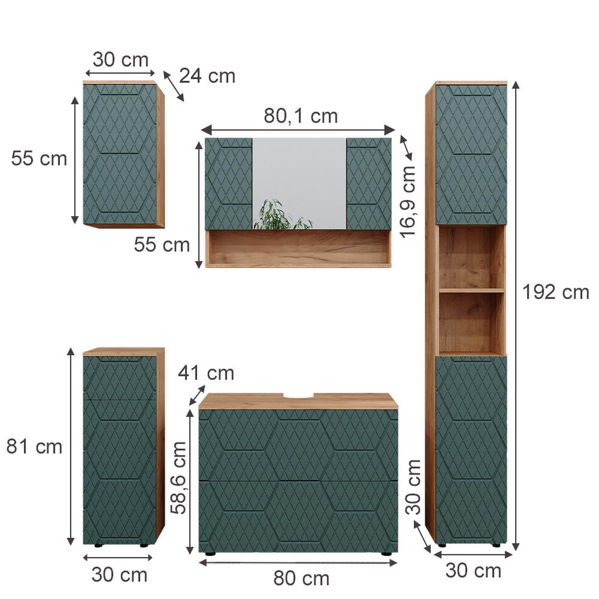 BADMÖBEL-SET Irma Grün 5 Teile - Eiche Wotan/Grün, Holzwerkstoff (80/58.6/41cm) - Vicco