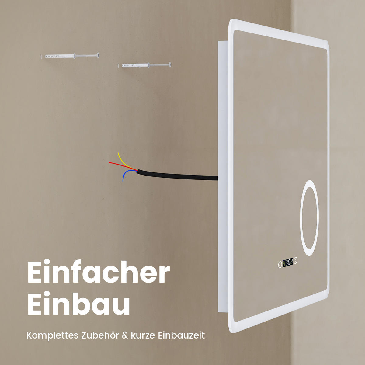 BADSPIEGEL mit Uhranzeige Beleuchtung mit Integriertem Schminkspiegel 100/60 cm - Weiß, Glas (60/3.5/100cm) - EMKE