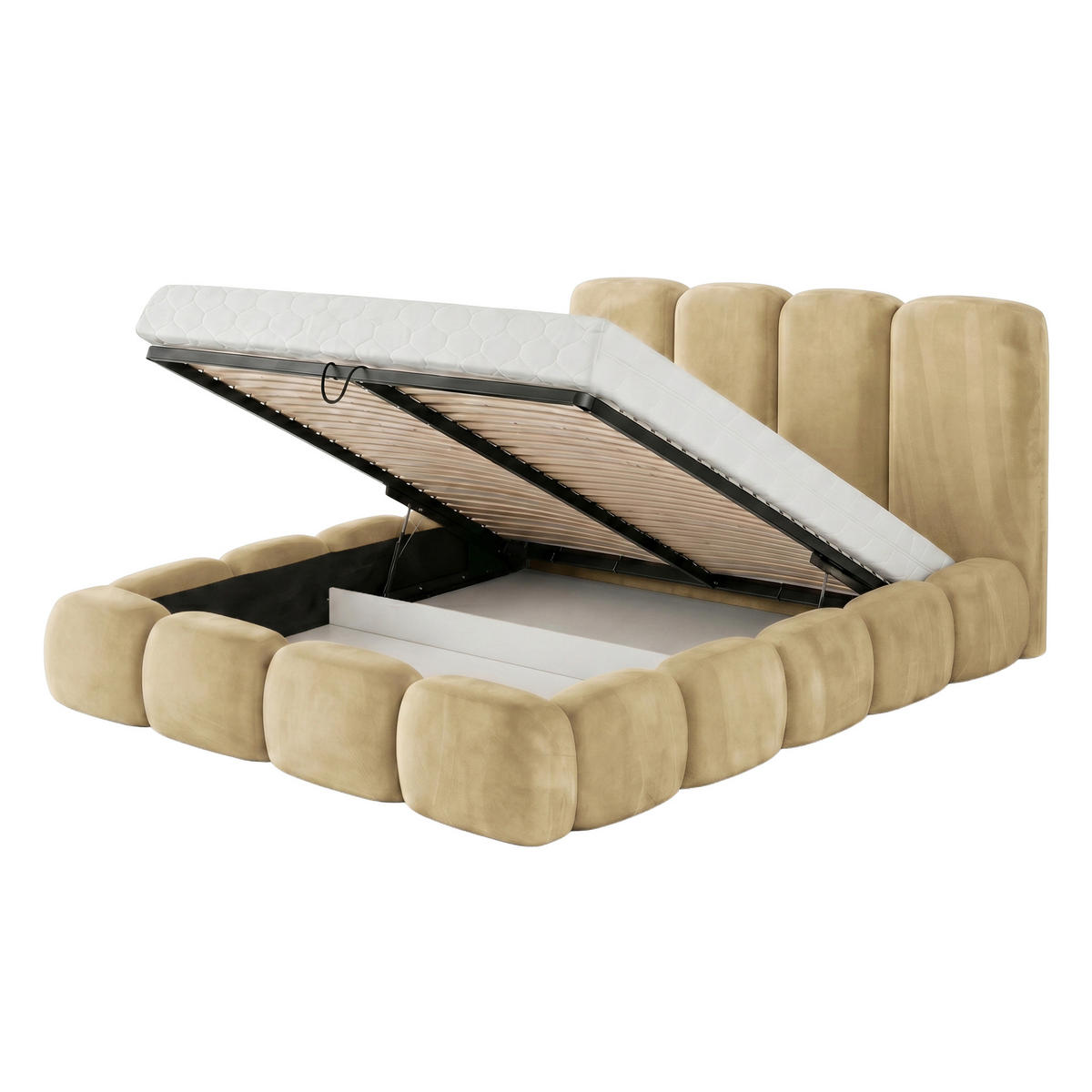 POLSTERBETT SUENO MAXI 200x200 cm in Beige, gepolstertes Kopfteil, Metalllattenrost, Bettkasten, Velour-Stoff - Beige/Naturfarben, Holz/Textil (200/200cm) - Muffo