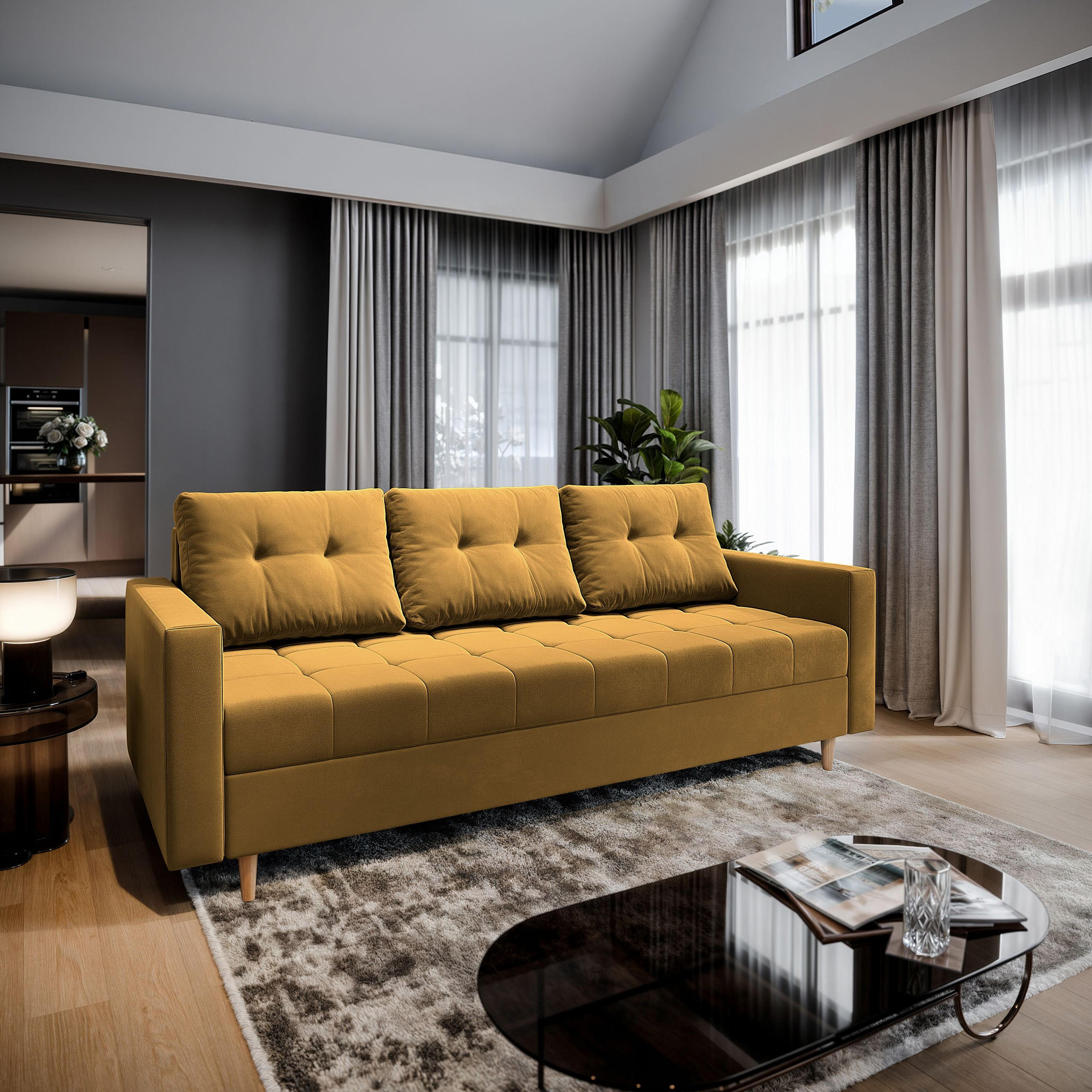 BETTSOFA MILO Gelb Plüsch-Stoff mit Schlaffunktion - Gelb, Textil (220/93/87cm) - MASSENO