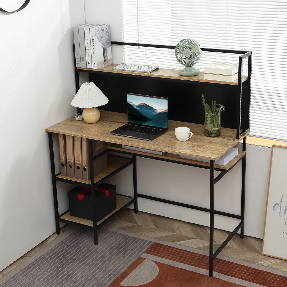 SCHREIBTISCH Eichefarben und Schwarz mit Regalfächern und Kreidetafel 120/53/126 cm - Naturfarben, Holzwerkstoff (53/120/126cm) - PANGIVO