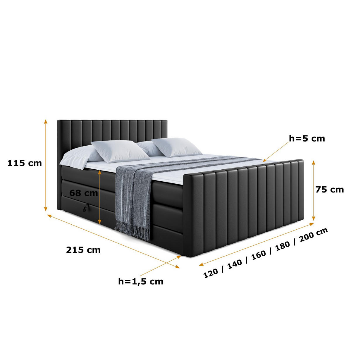 BOXSPRINGBETT EDITA-Z KING - 140x200 - H3/H4 - Schwarz Hochglanz - Schwarz Hochglanz, Holzwerkstoff (140/200cm) - ALTDECOR