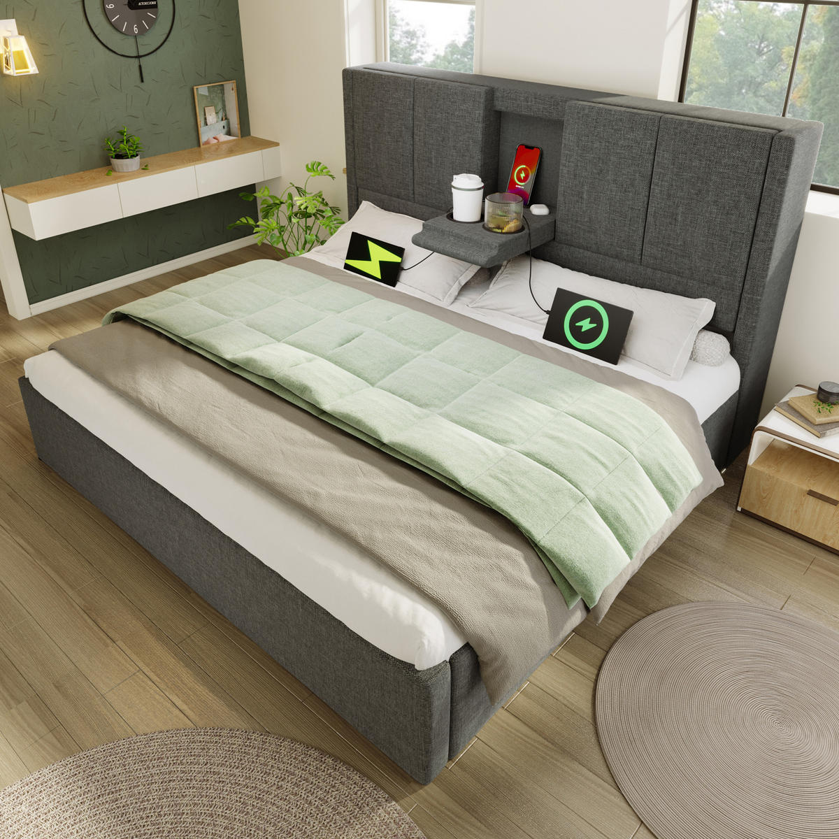POLSTERBETT 140/200 cm mit verstecktem Becherhalter, USB-Ladestation und hydraulischem Stauraum, Grau - Grau, Textil (140/200cm) - Redom