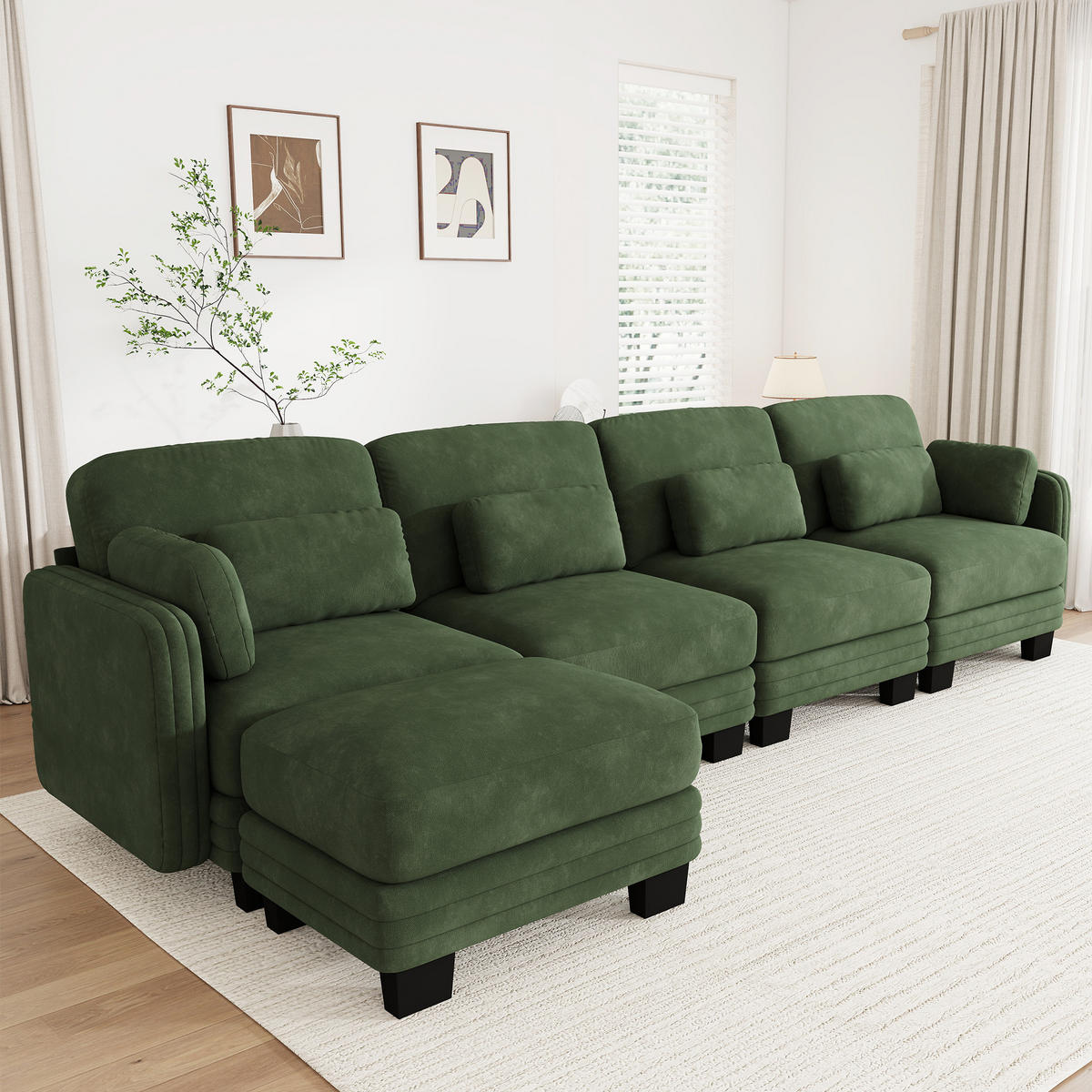 ECKSOFA 4-Sitzer L-Form mit Ottomane, DE-42686, Grün - Grün, Holz (330/143cm) - ComfortXL