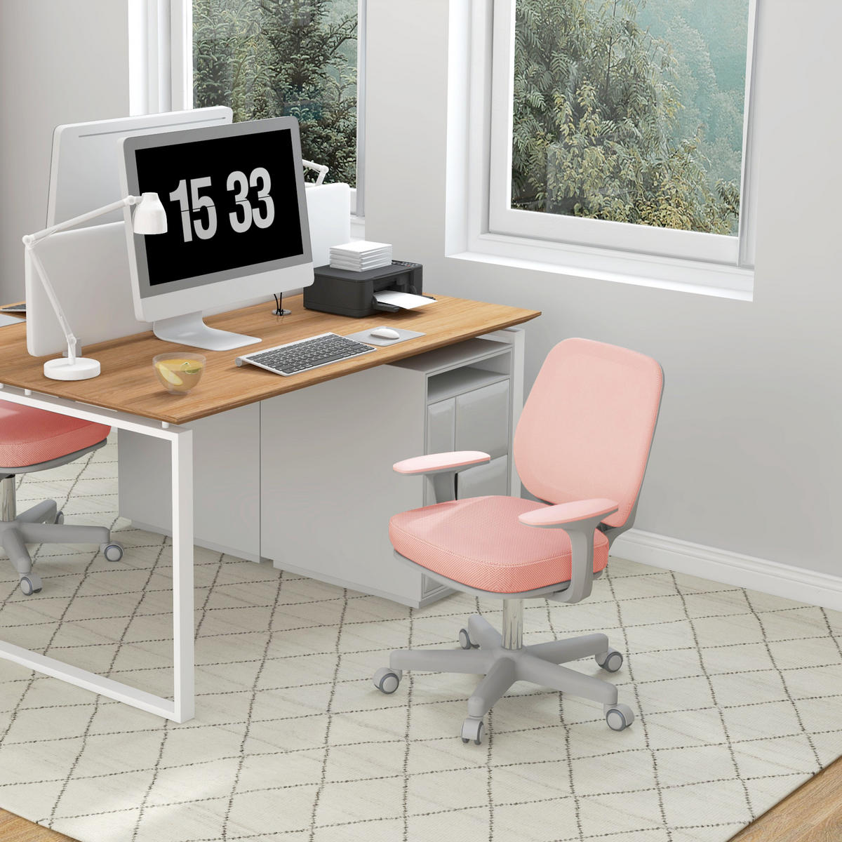 BÜROSTUHL, Ergonomisch Schreibtischstuhl mit Drehfunktion, Höhenverstellbar - Rosa/Weiß, Kunststoff/Textil (48/94.5/55cm) - Vinsetto