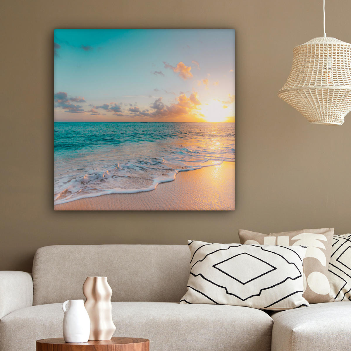 LEINWANDBILD - Sonnenuntergang - Strand - Meer - Sommer - Blau - 90x90 - Gemälde - Multicolor, Textil (90/90cm) - MuchoWow