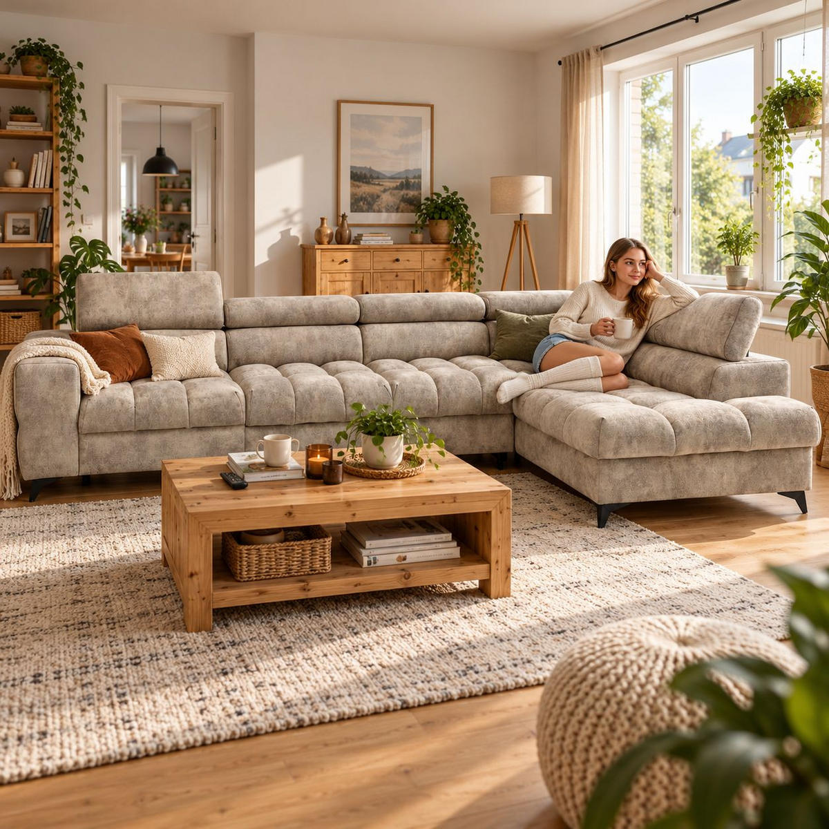 ECKSOFA PUDDING MAXI L Rechts mit Schlaffunktion 125x195 Velours Beige - Beige/Schwarz, Holz/Textil (203/350cm) - Muffo