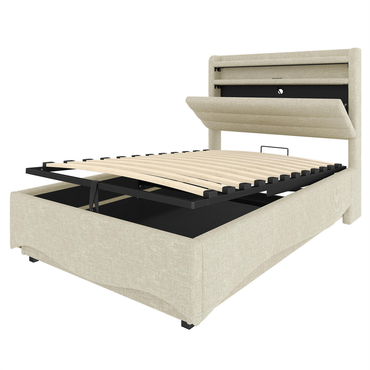 POLSTERBETT 90x200cm Beige LED Hydraulik USB Leinen - Beige, Holz (90/200cm) - FLIEKS