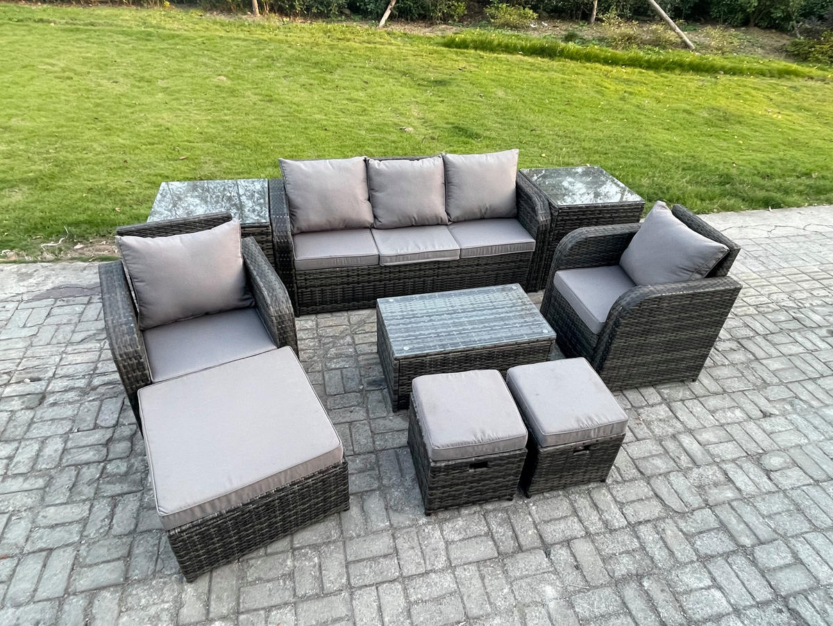 GARTENMÖBELSET mit Couchtisch Polyrattan 8-Sitzer - Dunkelgrau/Grau, Glas/Kunststoff - Fimous