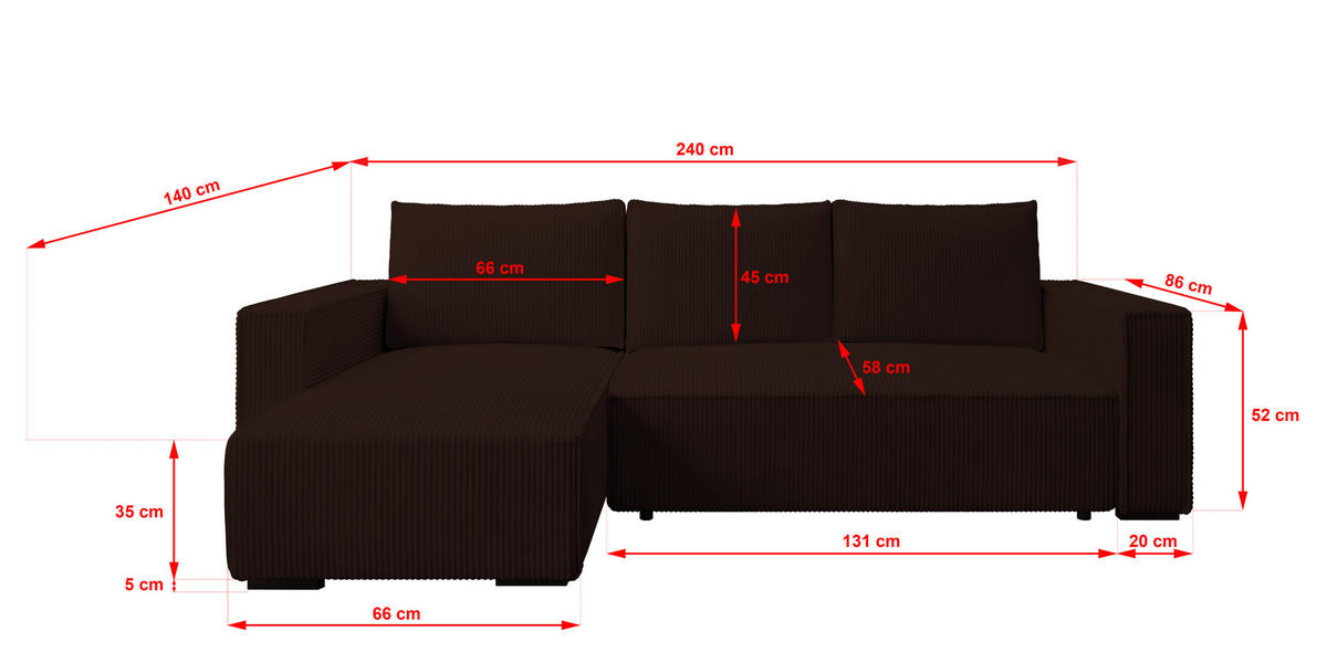 ECKSOFA CUDDY L, Eckcouch in L-Form mit Schlaffunktion und Bettkasten, Farbe: Dunkelbraun, Cordstoff, Ottomane Links - Dunkelbraun, Textil (240/140cm) - Storez24