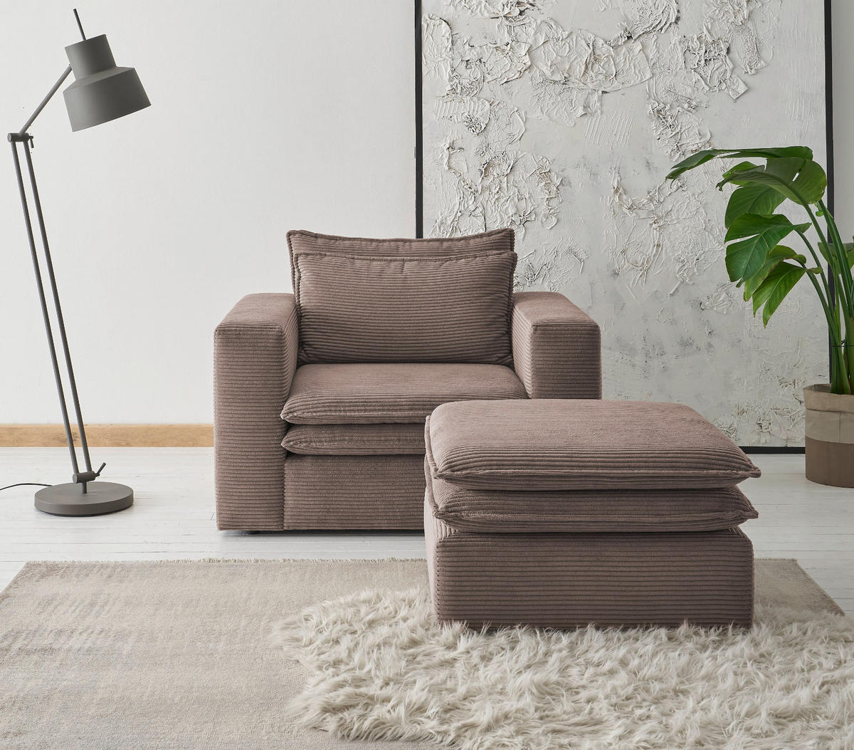 LOVESEAT Set braun Cord, Loungesessel inklusive Hocker - Beige/Braun, Holz/Kunststoff (110/83/161cm) - Furn.Design