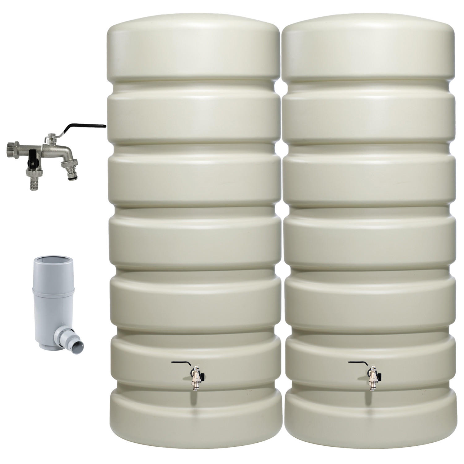 REGENTONNE Wandtank-SET Komplett-Set 1300 L, sandbeige 2 x 650 L, inkl. Verbinder und Fallrohranschluss - Beige, Kunststoff (160/192/60cm) - 4rain
