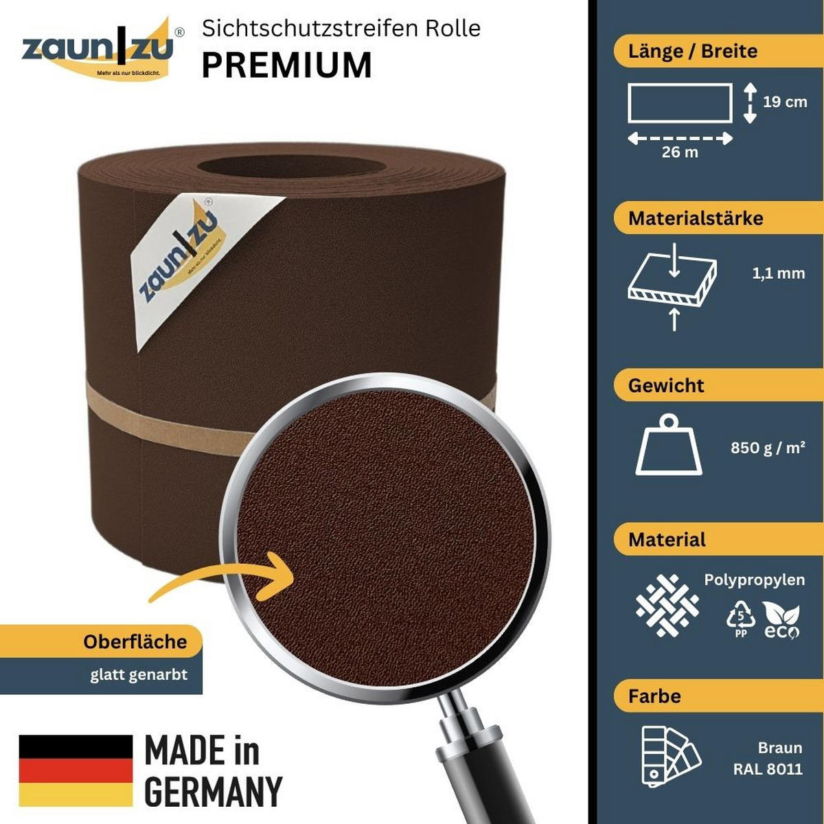 SICHTSCHUTZSTREIFEN Premium für Doppelstabmatten Zaunblende Braun, 26m - Braun, Kunststoff (2600/19cm) - ZAUN|ZU