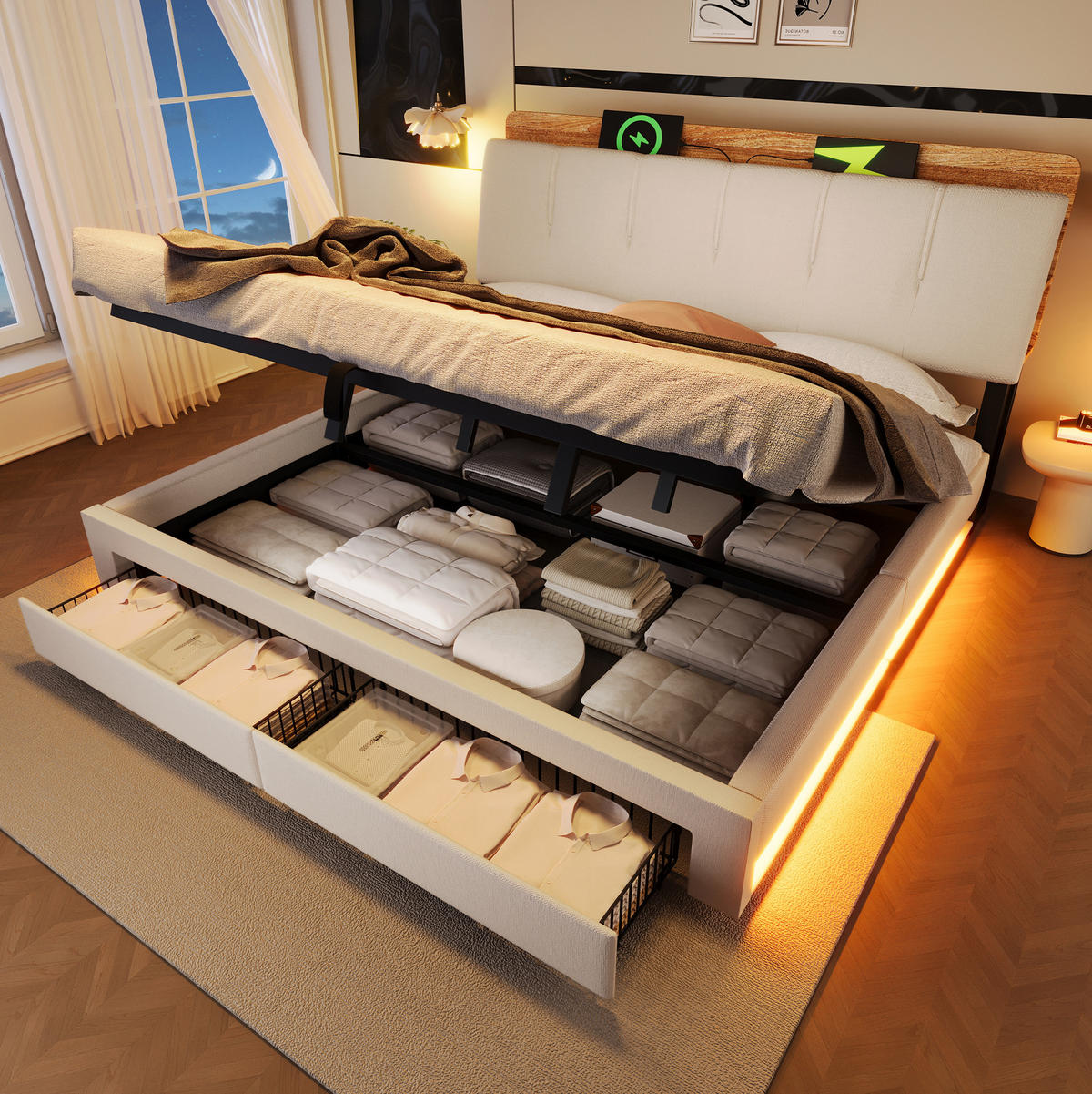 POLSTERBETT 180/200 cm mit USB-, Typ-C-Anschluss, LED und hydraulischem Stauraum, Leinen, Beige - Beige, Textil (180/200cm) - Redom