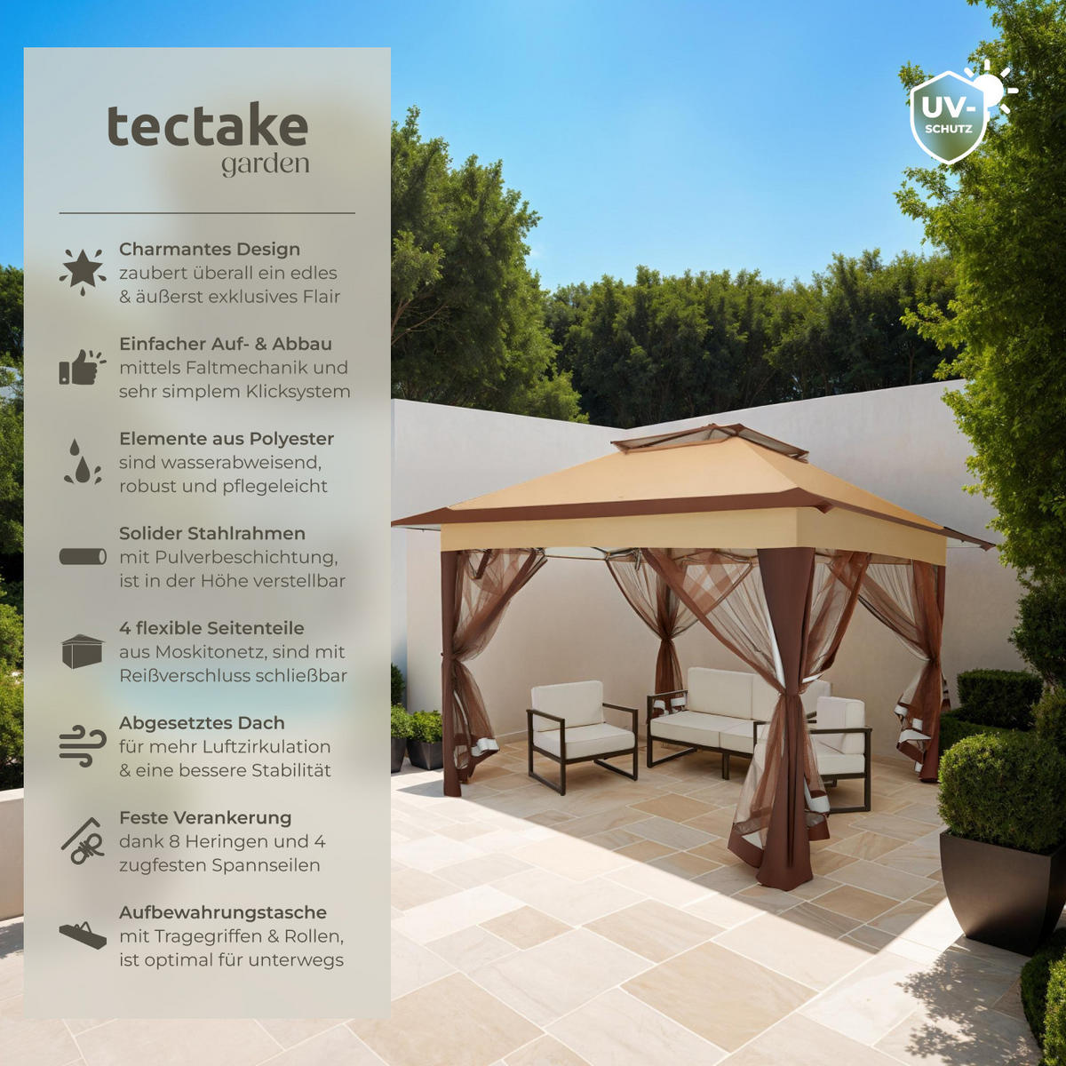 FALTPAVILLON Carabobo,inklusive Spannseile, Heringe sowie Transporttasche,braun - Braun, Kunststoff (364/294/364cm) - tectake