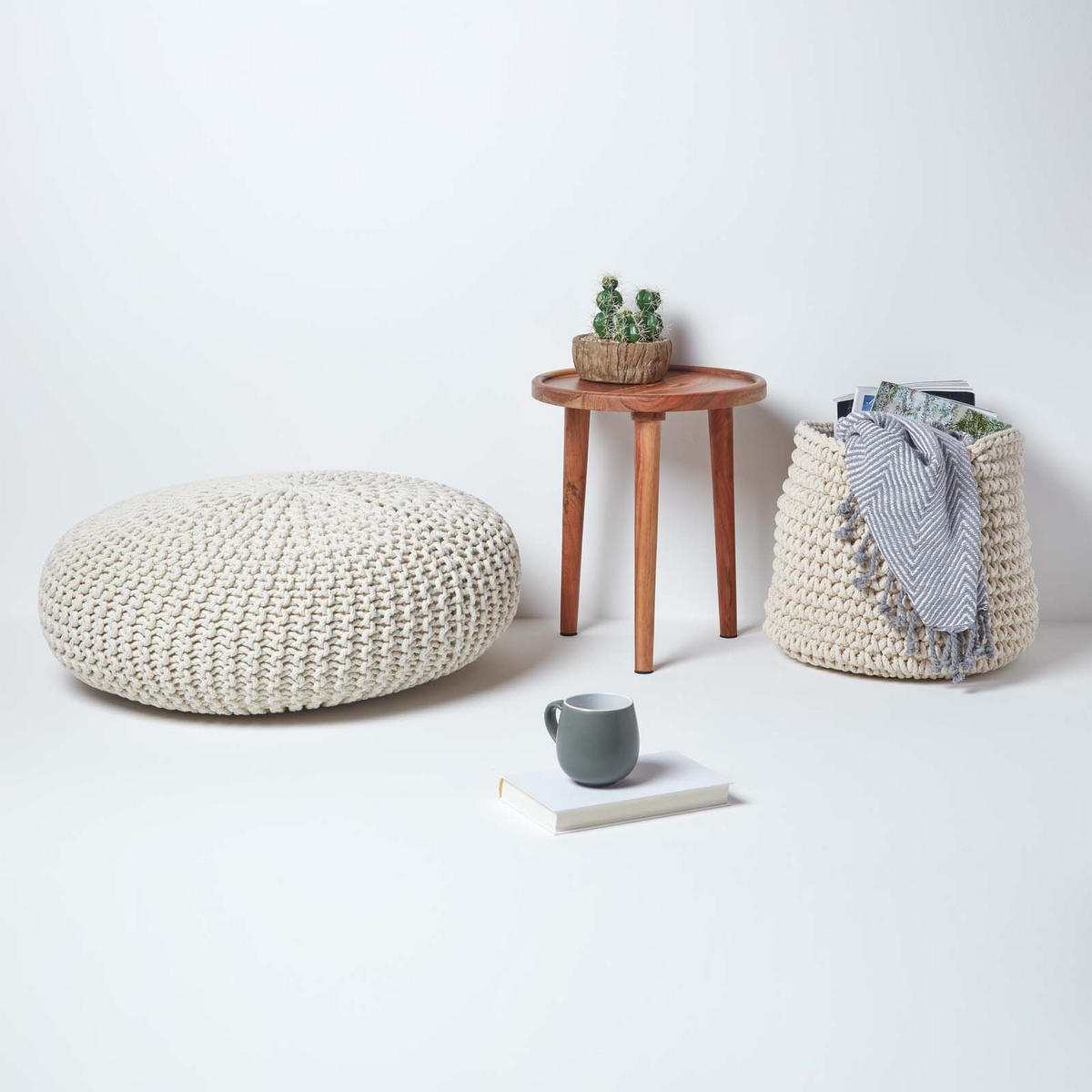 STRICK-POUF natur, Bodenkissen rund 70/70/23 cm - Naturfarben, Textil (70/23/70cm) - Homescapes