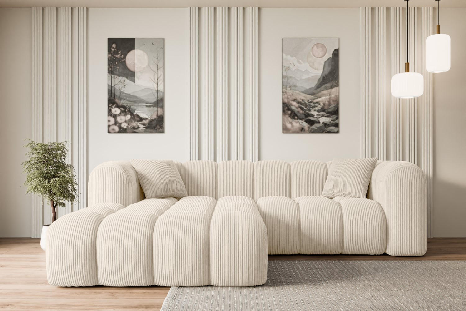 ECKSOFA Ottomane Links OLEA-L1 - 231x173x74 cm Beige Cord - Beige/Schwarz, Holzwerkstoff/Kunststoff (190/242cm) - ALTDECOR