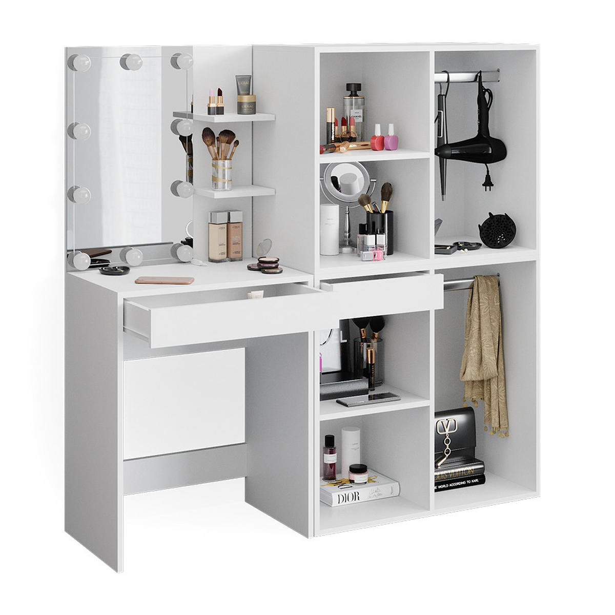 SCHMINKTISCH Isabelle Weiß 60 cm mit LED Beleuchtung und Schränken - Weiß, Holzwerkstoff (60/140/40cm) - Vicco