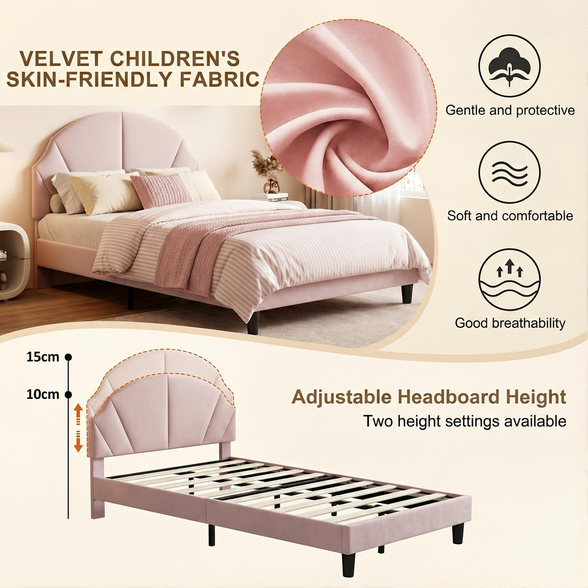 POLSTERBETT Klassisch mit Höhenverstellbarem Kopfteil 90/200 cm Samt Rosa - Pink, Textil (90/200cm) - Creahappy