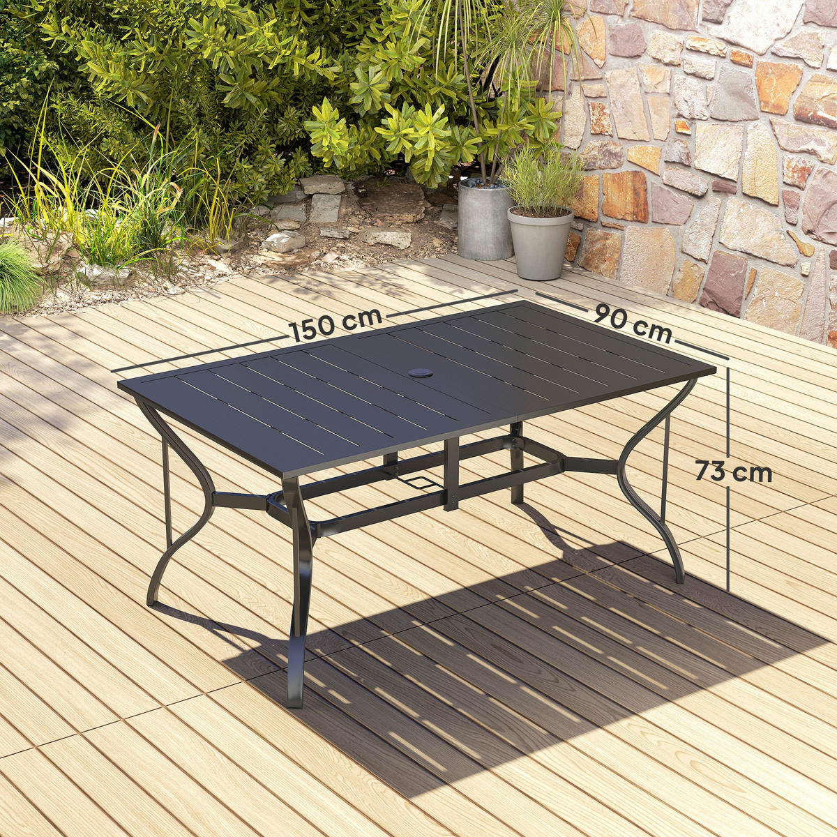 GARTENTISCH DE-07368 mit Schirmloch und Lamellen-Design für 6 Personen Schwarz - Schwarz, Metall (150/90/73cm) - ComfortXL