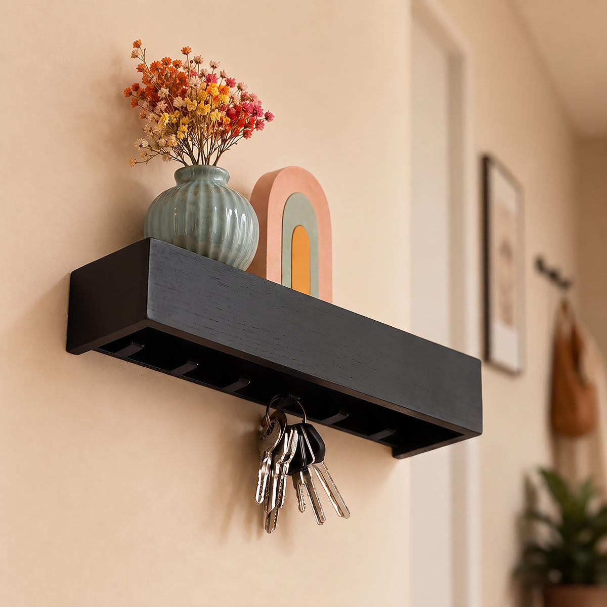 SUPORT pentru chei negru bambus 6 cârlige - negru, lemn/metal (26/5/7cm) - Relaxdays