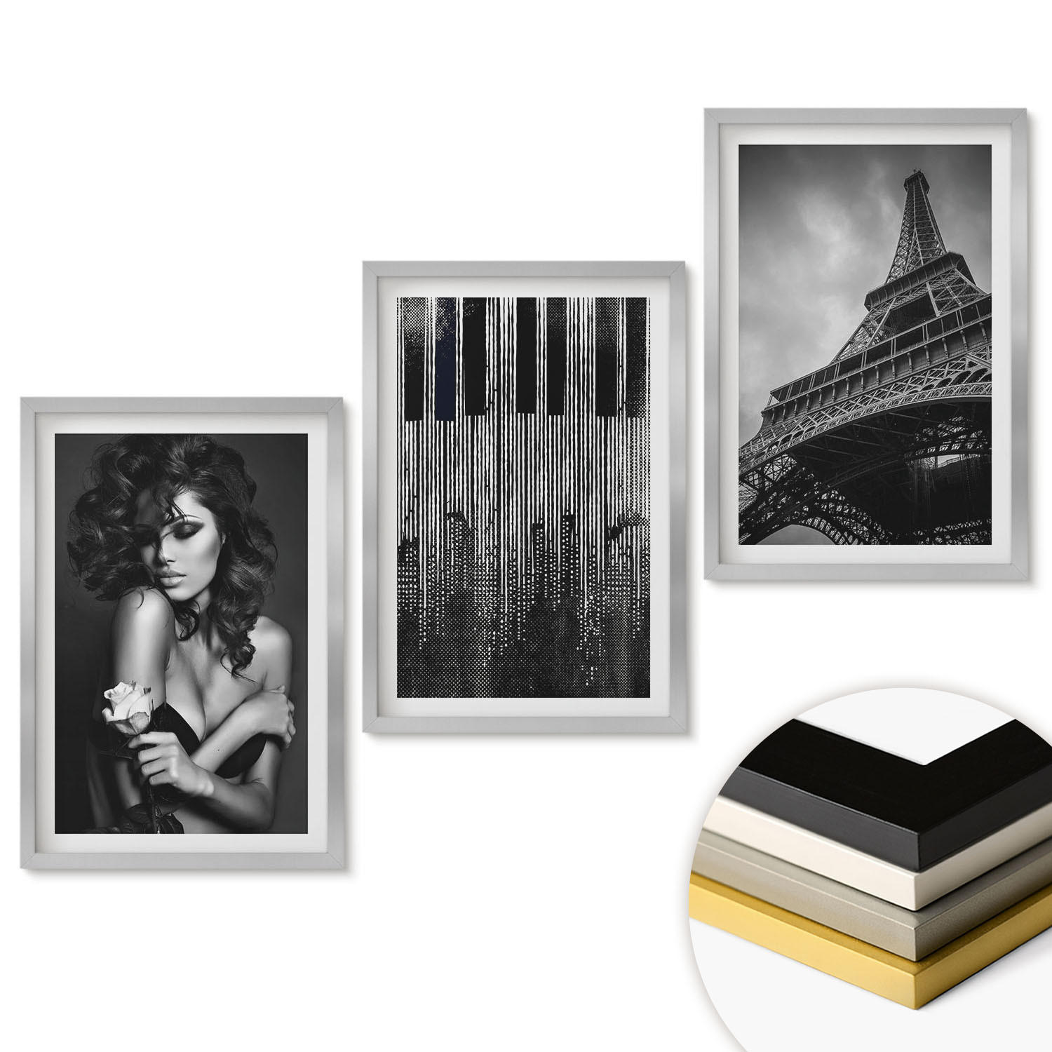 WANDBILDER 3er Set - 40x60 cm Silberner Rahmen - Porträt einer Frau mit einer Eiffel-Rose - Silberfarben, Kunststoff (40/60cm) - ArtPrintCave