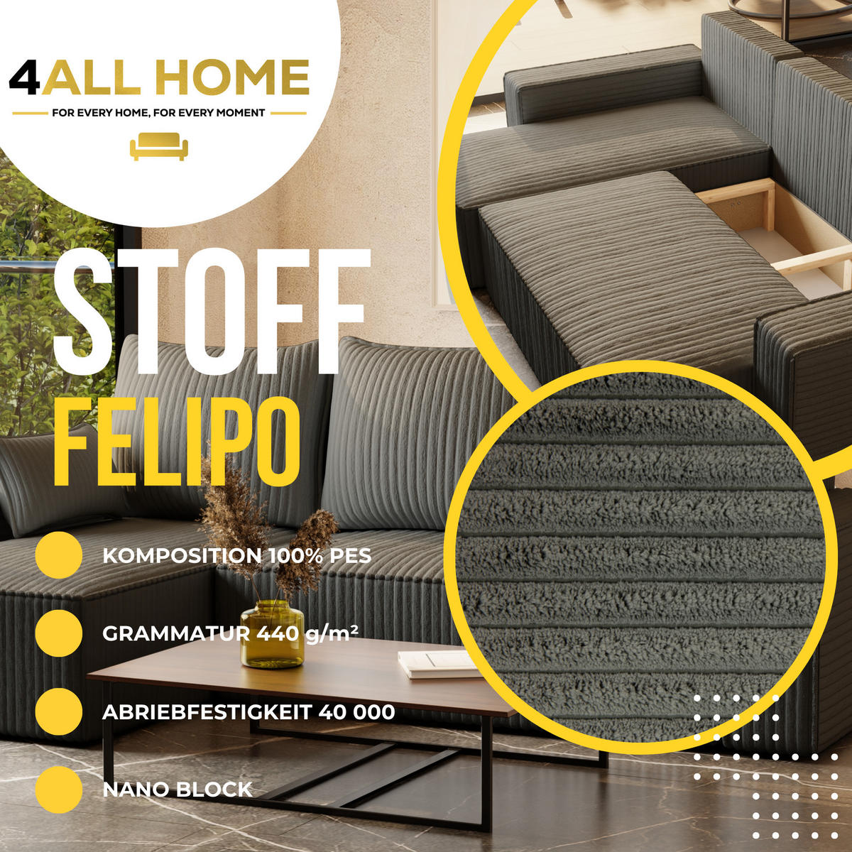 ECKSOFA Tobi mit Bettkasten und Schlaffunktion, L-Form/XL-Form, Cordstoff, Universal - Grau, Holzwerkstoff (246/145cm) - 4ALL HOME