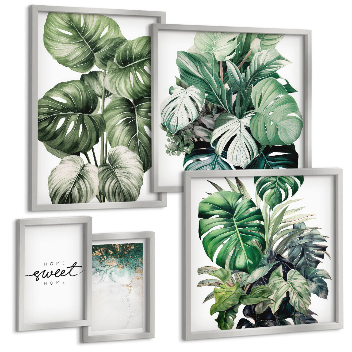 BILDER SET 5er Set - 50x50 cm & 20x30 cm & 40x60 cm Silberner Rahmen - Sweet Home Green Plants - Silberfarben, Kunststoff (40/60cm) - TULUP