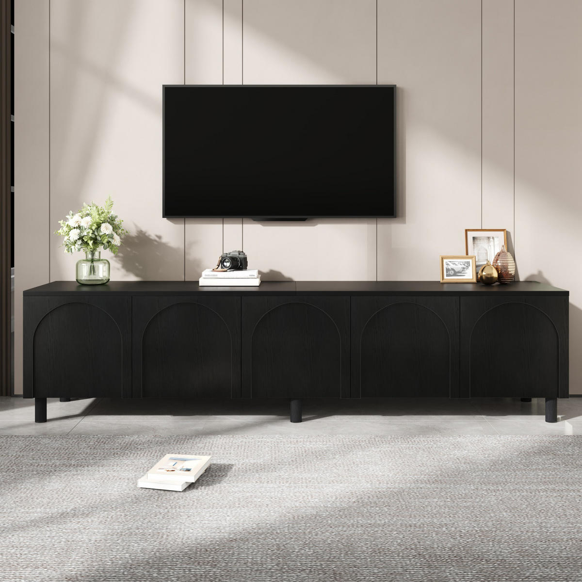 TV-LOWBOARD 180 x 38 x 45 cm aus MDF/Spanplatte, 5 Türen, Metallfüße, Schwarz - Schwarz, Holzwerkstoff (180/45/38cm)