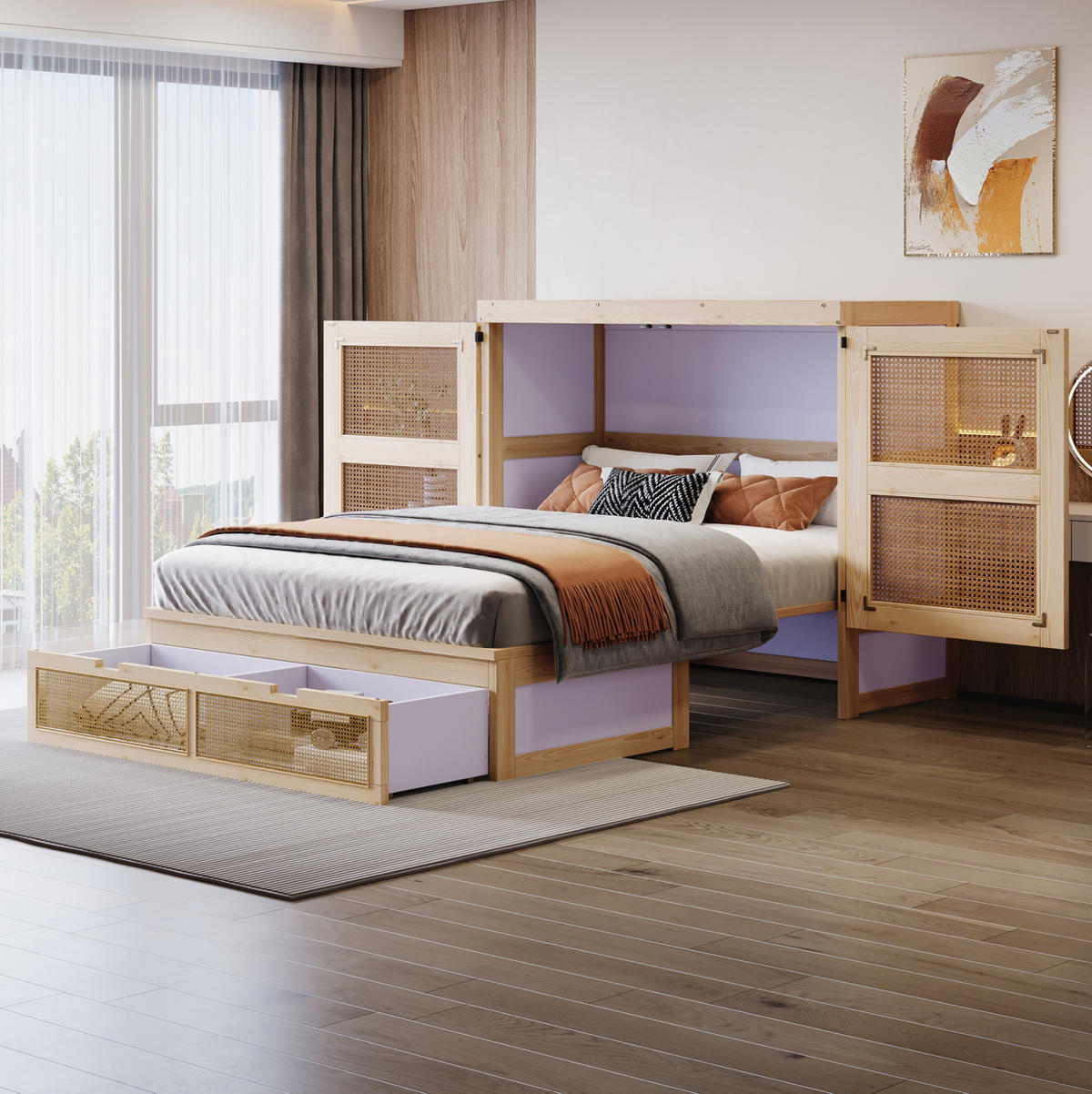 SCHRANKBETT aus Holz 140x200 cm Naturfarbe mit Lattenrost, Stauraumschubladen und Rattan-Design - Naturfarben, Holzwerkstoff (140/200cm) - Modfu