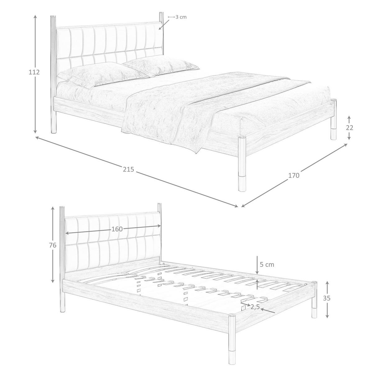 BETT Rechteckig Dunkelgrau Walnuss 160/215/112 cm - Grau, Leder/Holz (160/200cm) - ANGEL CERDA