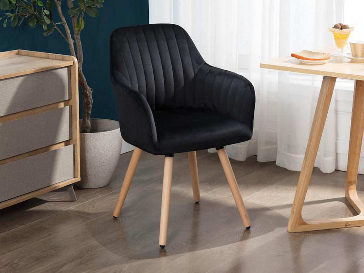 STUHL mit Armlehnen - Samt & Metall in Holzoptik - Schwarz - ELEANA - Schwarz, Textil (56/85/58cm) - Vente-Unique