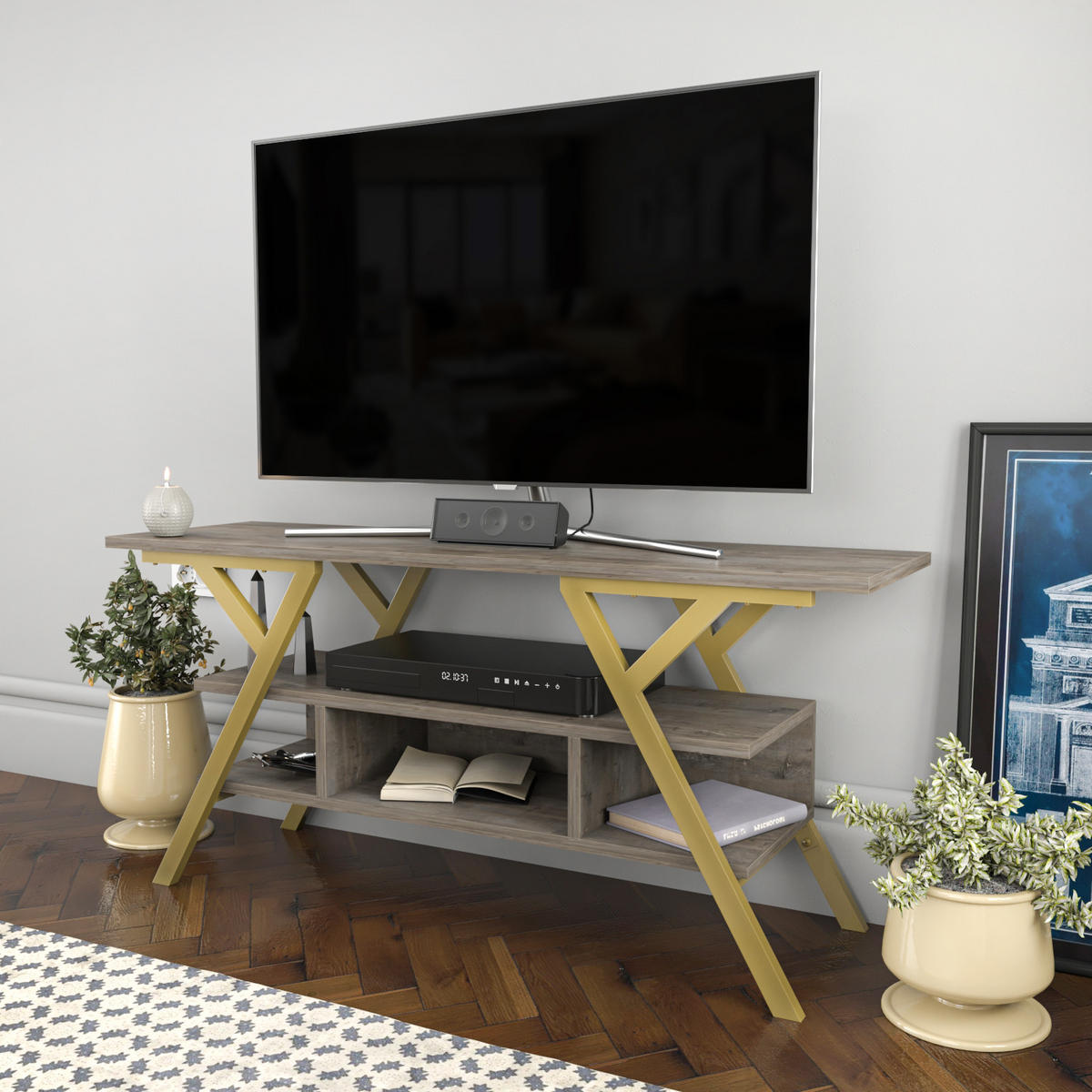 TV Stand Minerva Gold und Wenge - Graubraun, Holzwerkstoff (120/55/35cm) - Decorotika