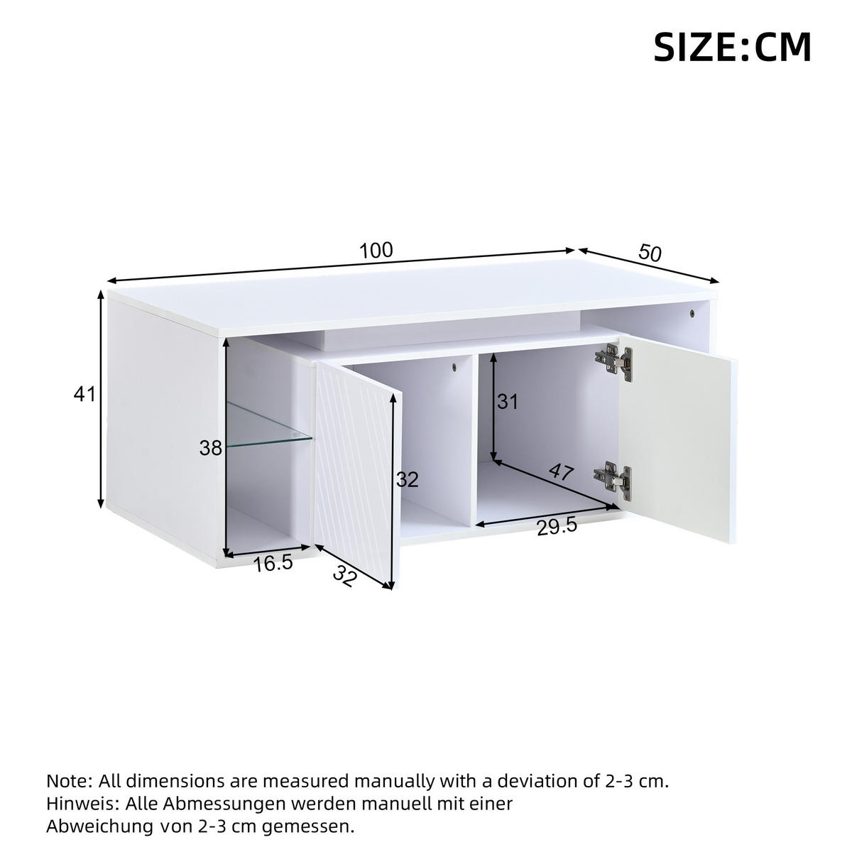 COUCHTISCH Weiß mit LED und 2 Türen 100/50/41 cm - Weiß, Holzwerkstoff (100/50/41cm)